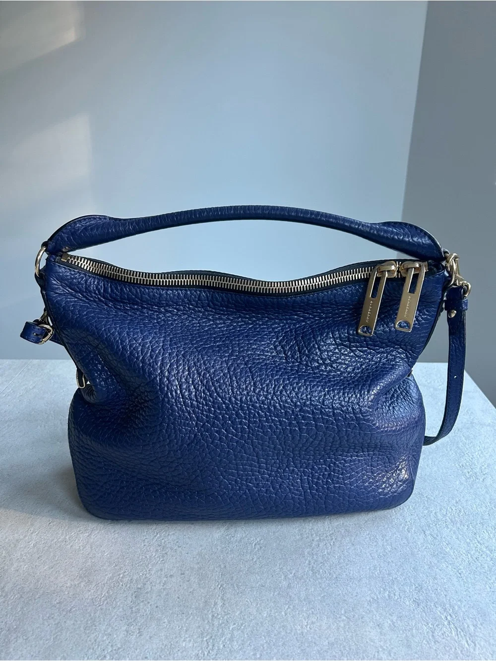 Burberry Cobalt Blue Pebbled Leather Shoulder Bag with Gold Hardware